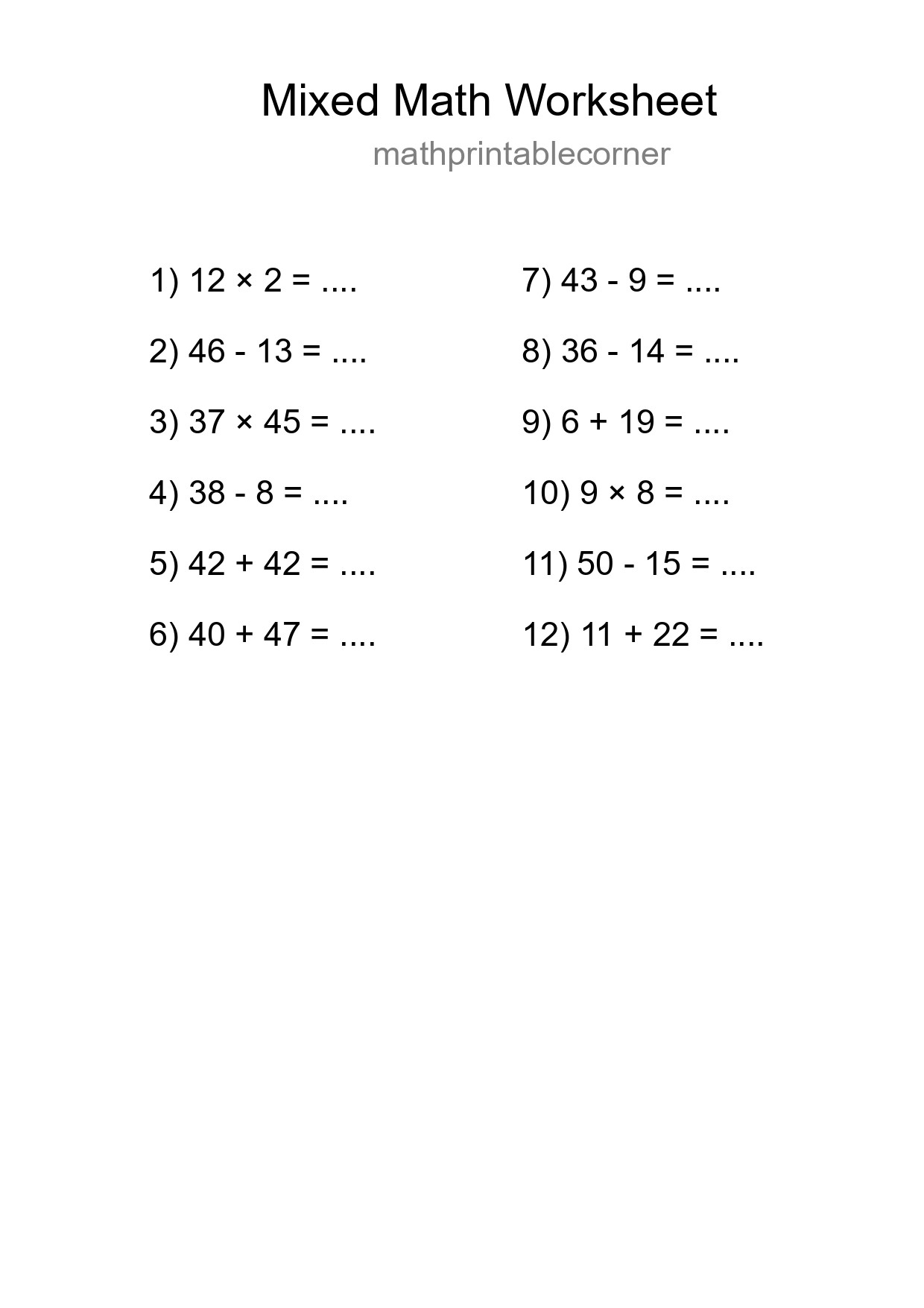 Mixed Operations Math Worksheet