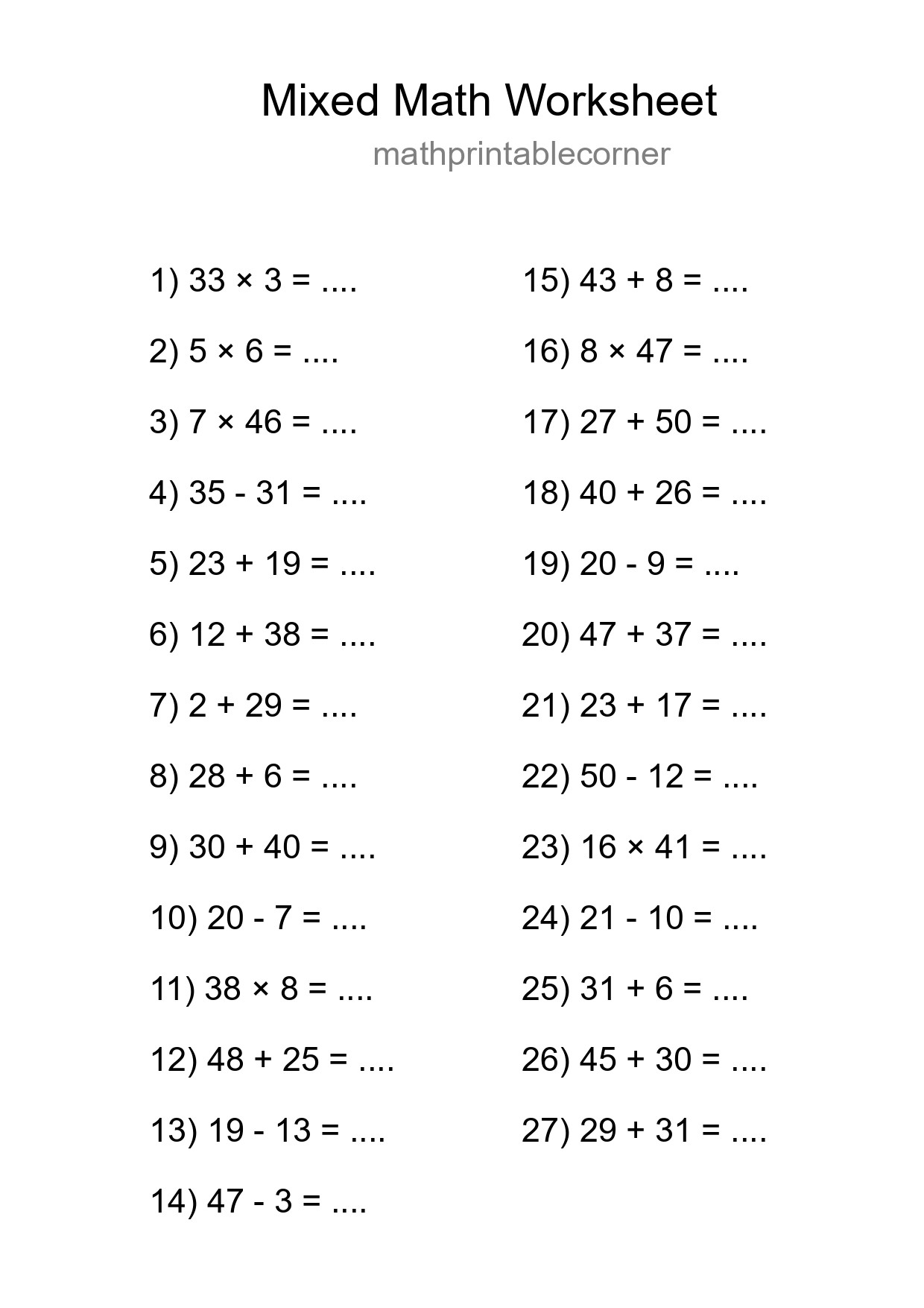 Mixed Operations Math Worksheet