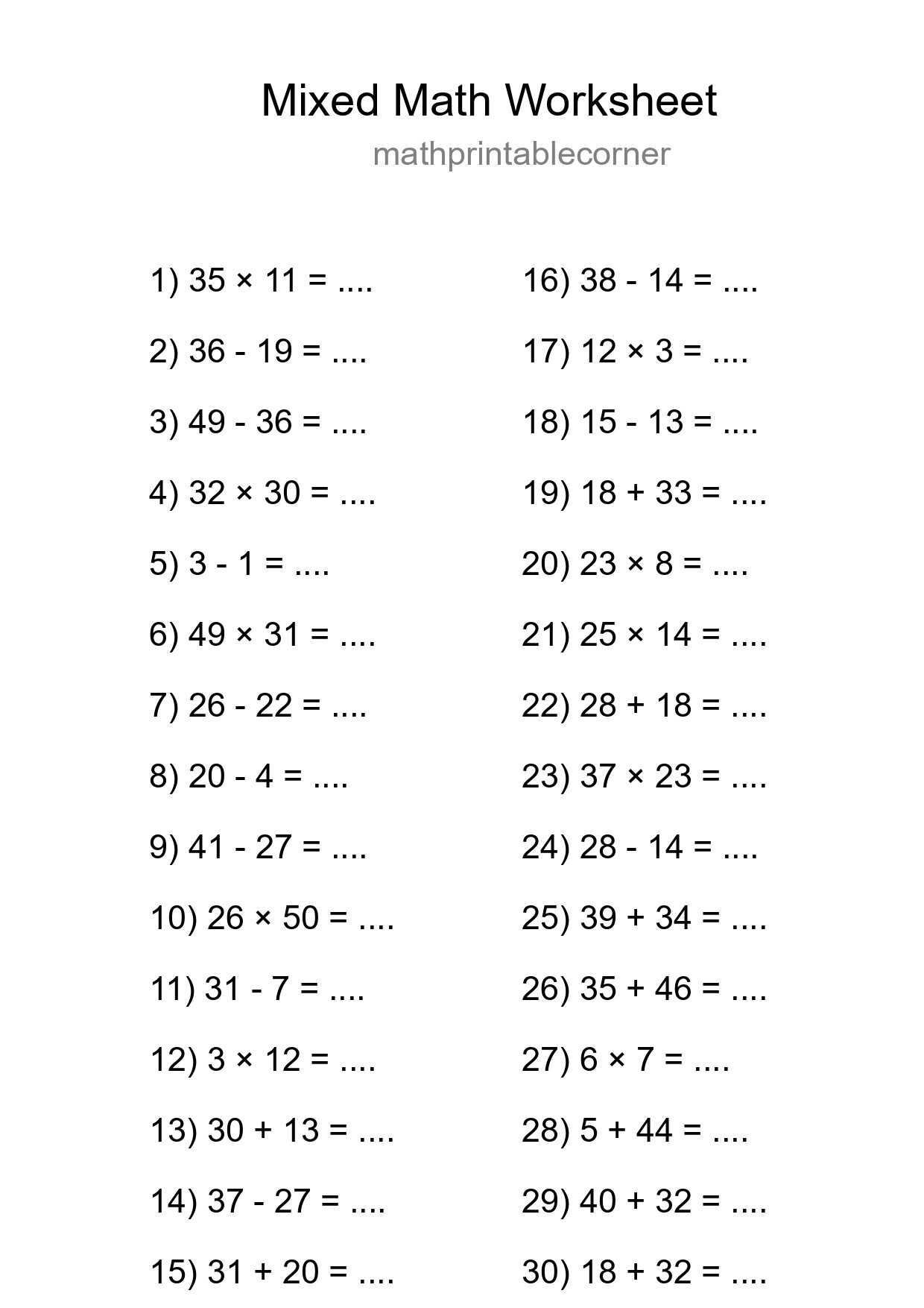 Mixed Operations Math Worksheet