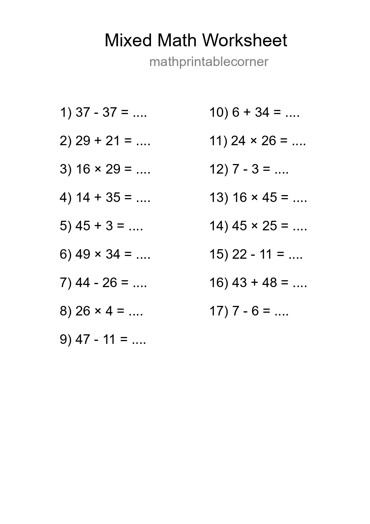 Mixed Operations Math Worksheet