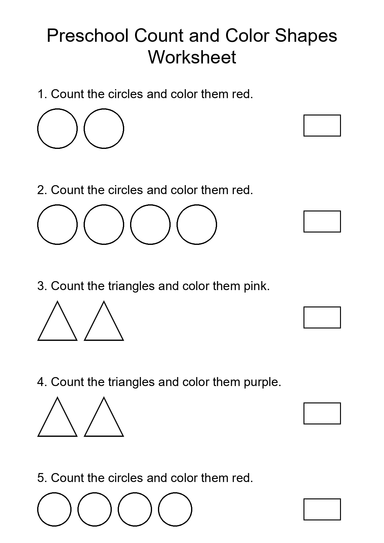 Preschool Count and Color Shapes Worksheet