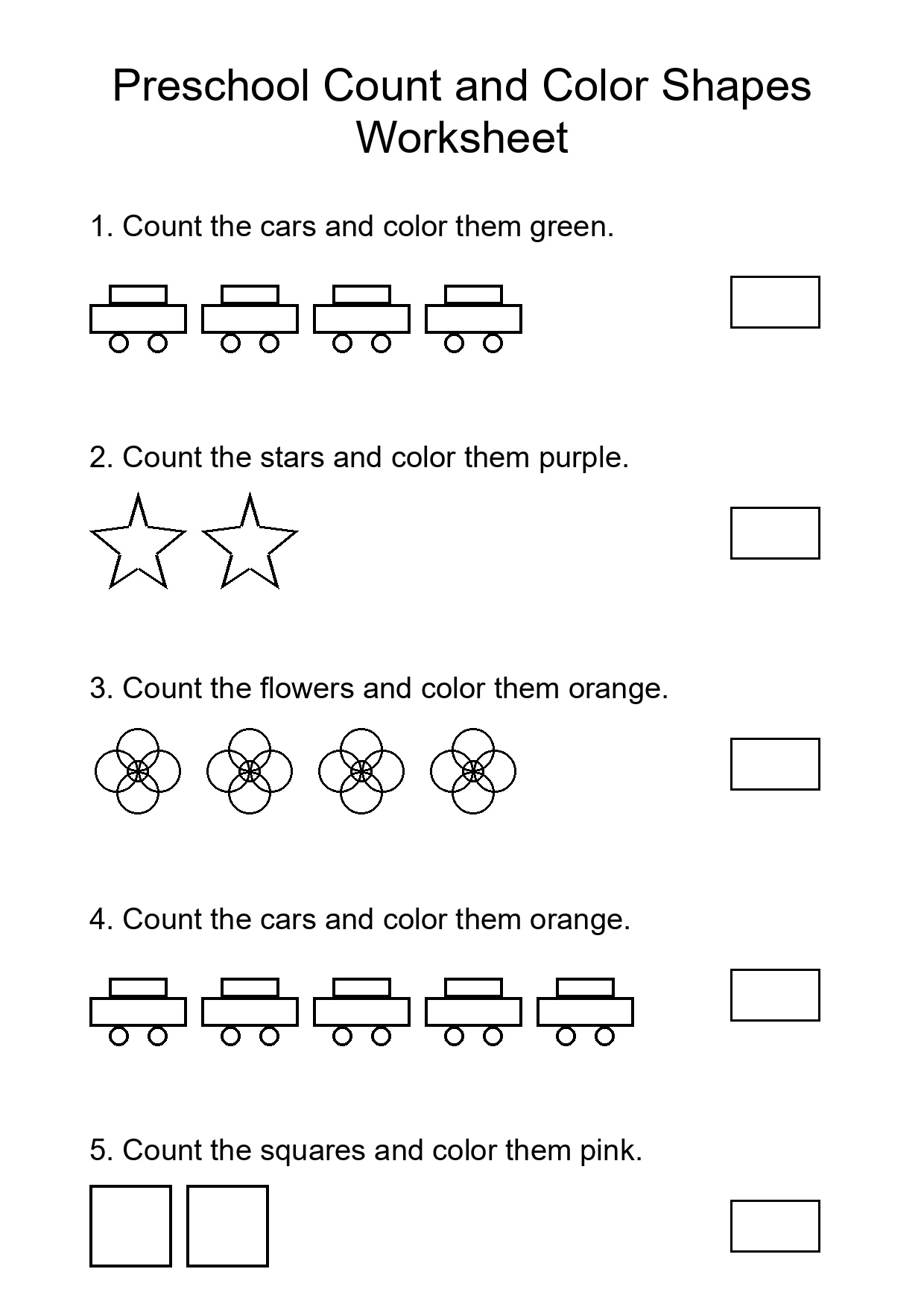 Preschool Count and Color Shapes Worksheet