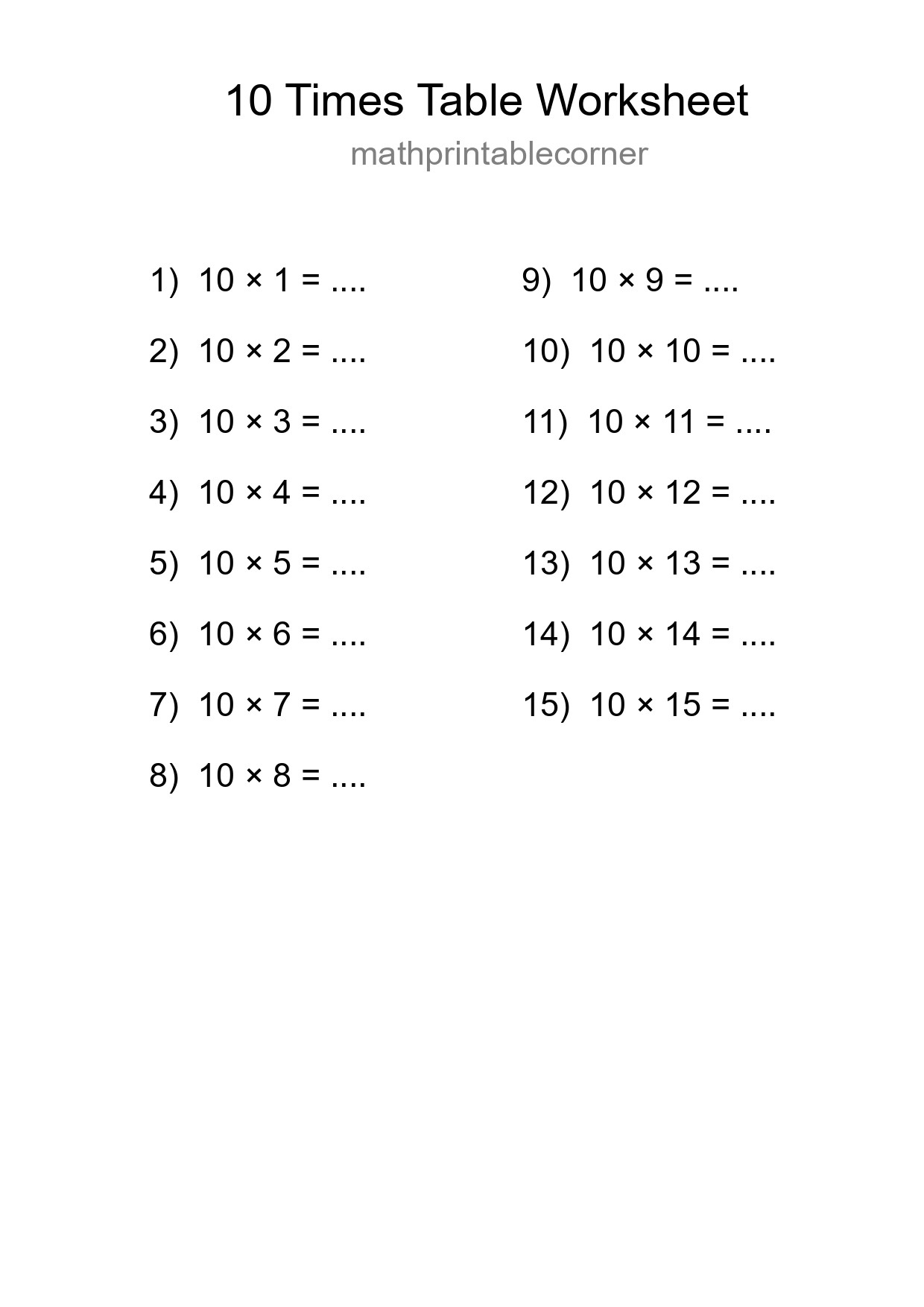 Printable 10 Times Table Worksheet For Grade 3 - Part 9