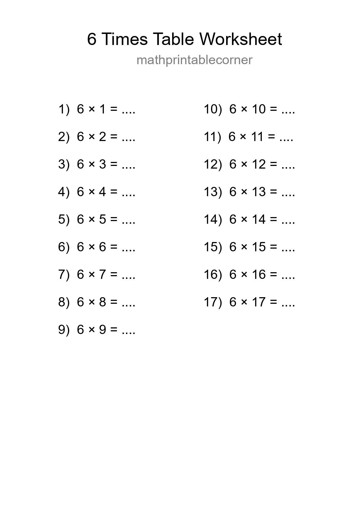 Printable 6 Times Table Worksheet For Grade 3 - Part 163