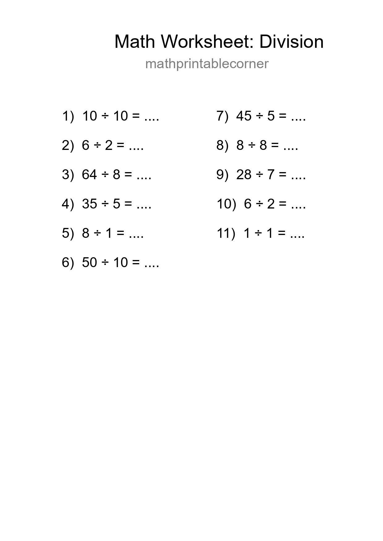 Printable Free 11 Division Math Worksheet For Grade 1 - Part 235