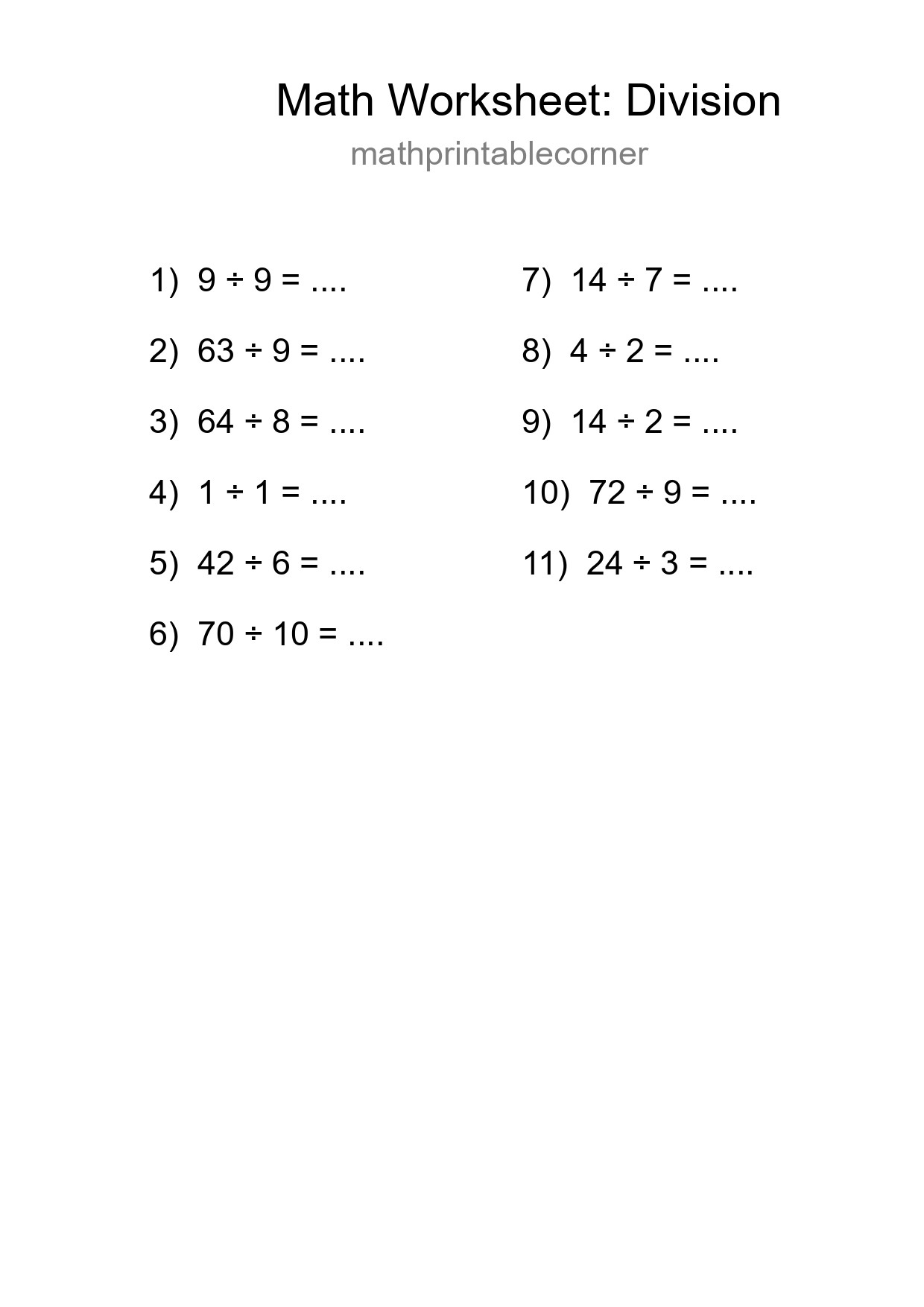 Printable Free 11 Division Math Worksheet For Grade 1 - Part 268