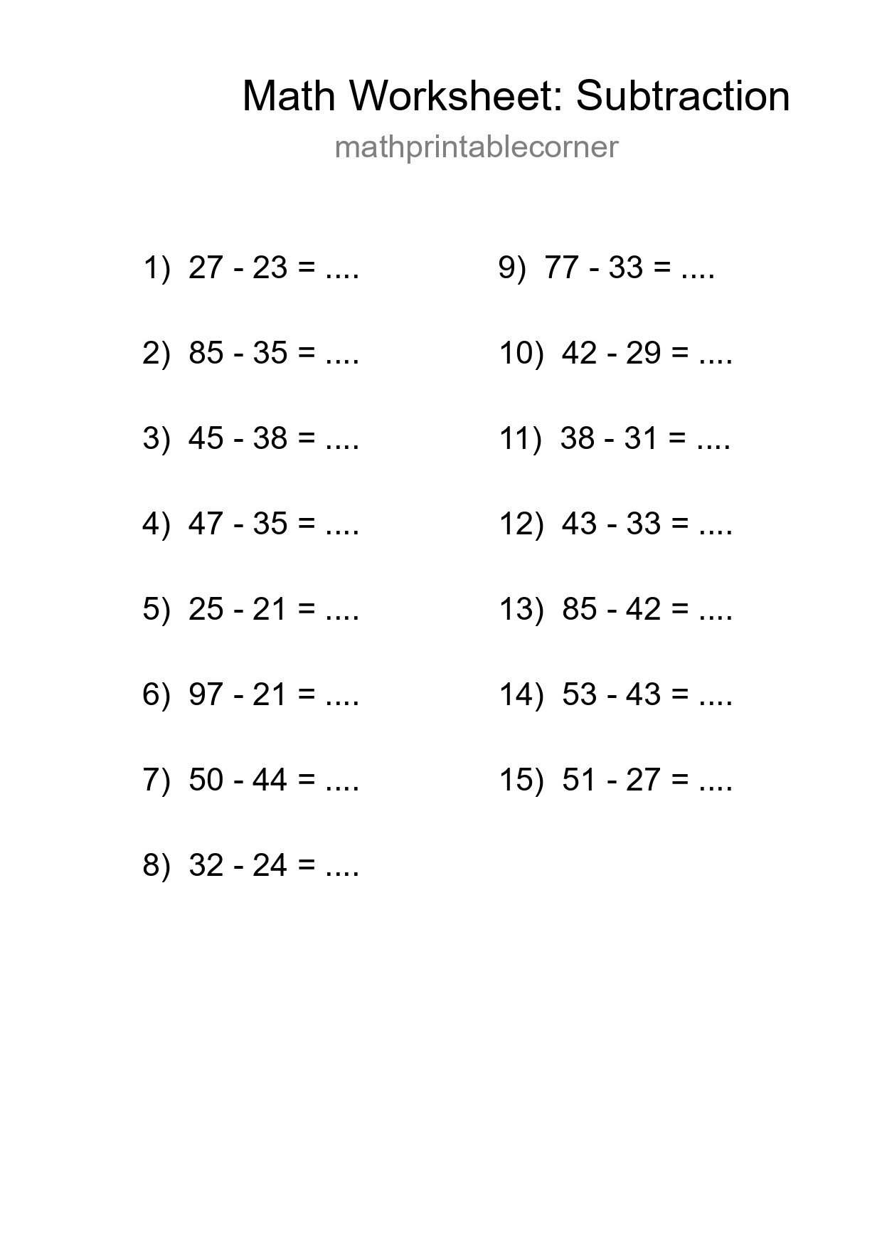 Printable Free 15 Subtraction Math Worksheet For Grade 3 - Part 184