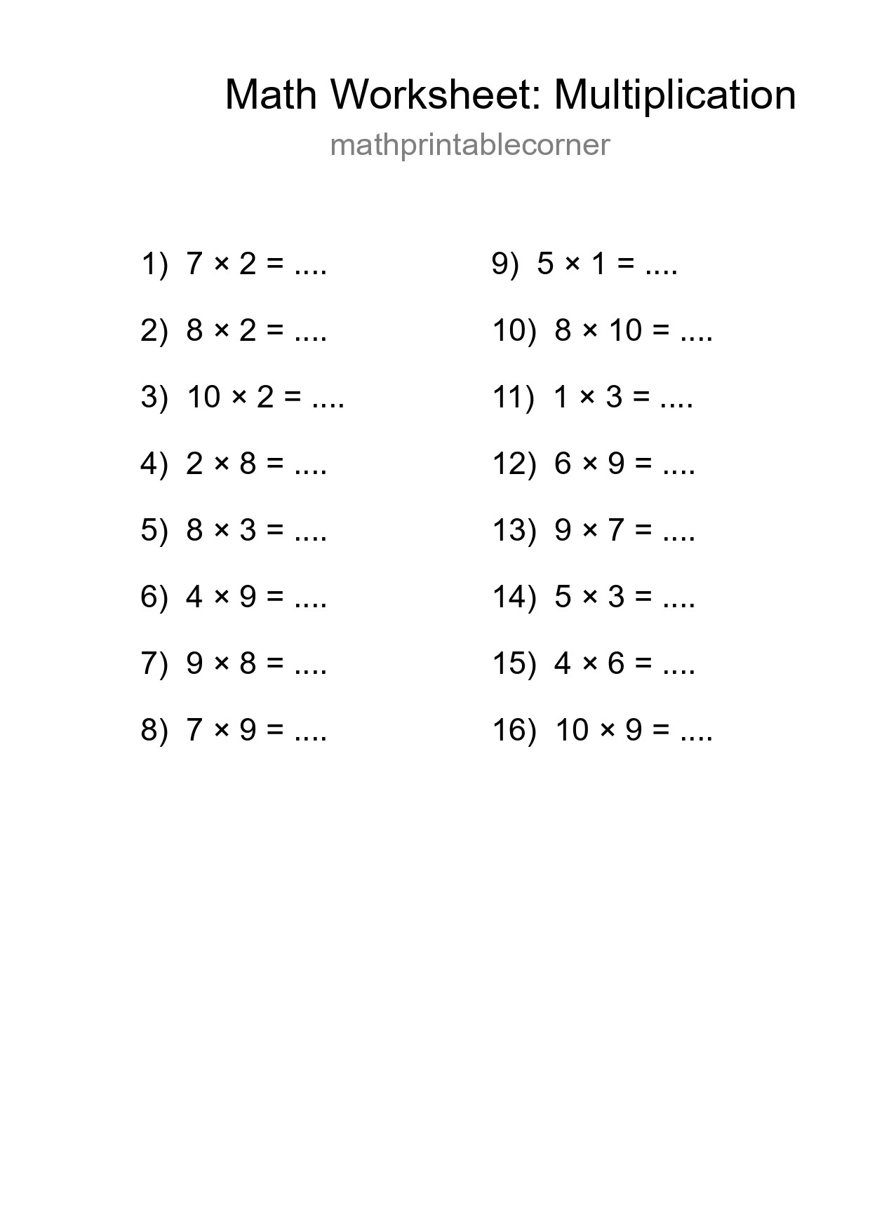 Printable Free 16 Multiplication Math Worksheet For Grade 1 - Part 183