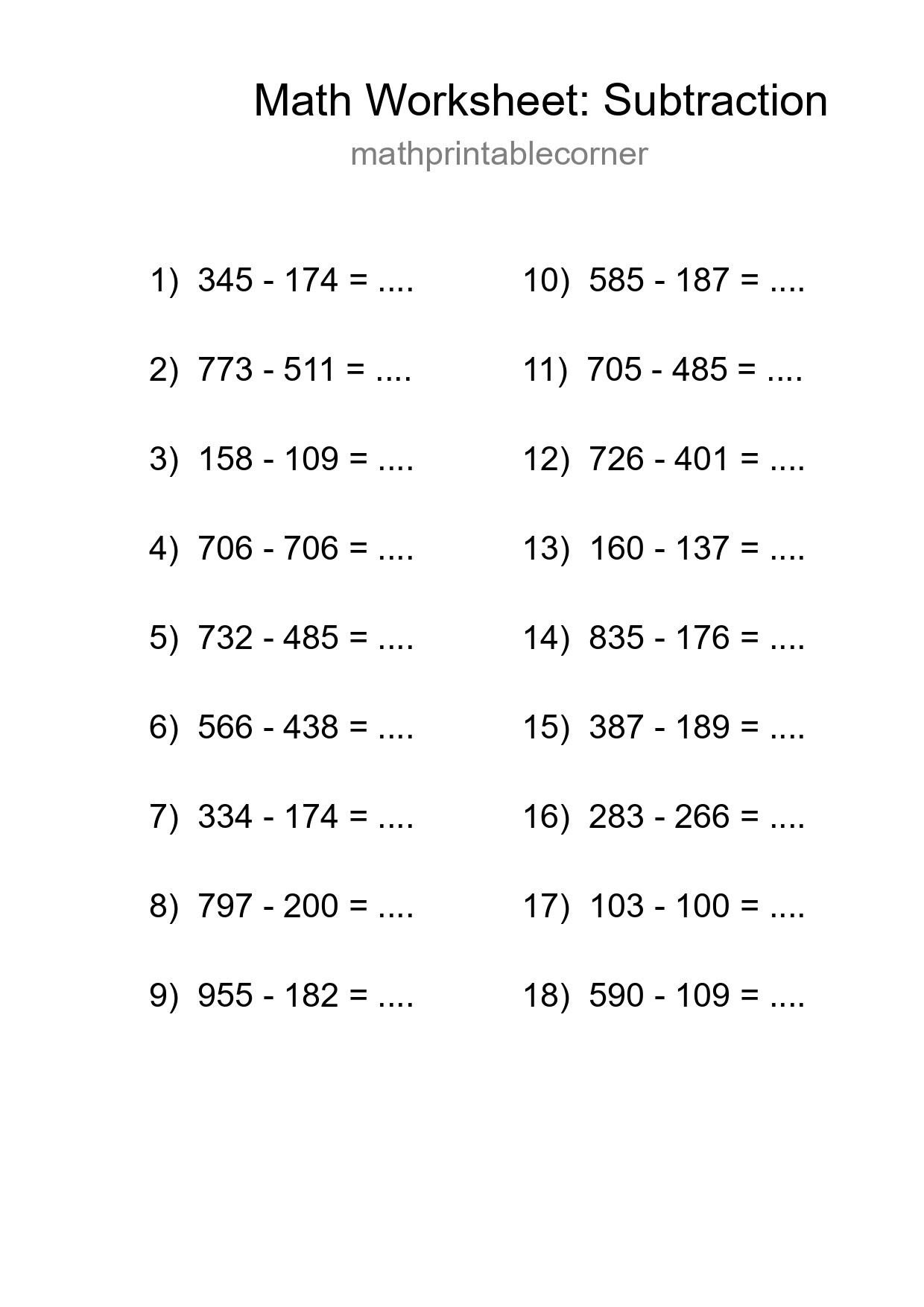Printable Free 18 Subtraction Math Worksheet For Grade 5 - Part 96