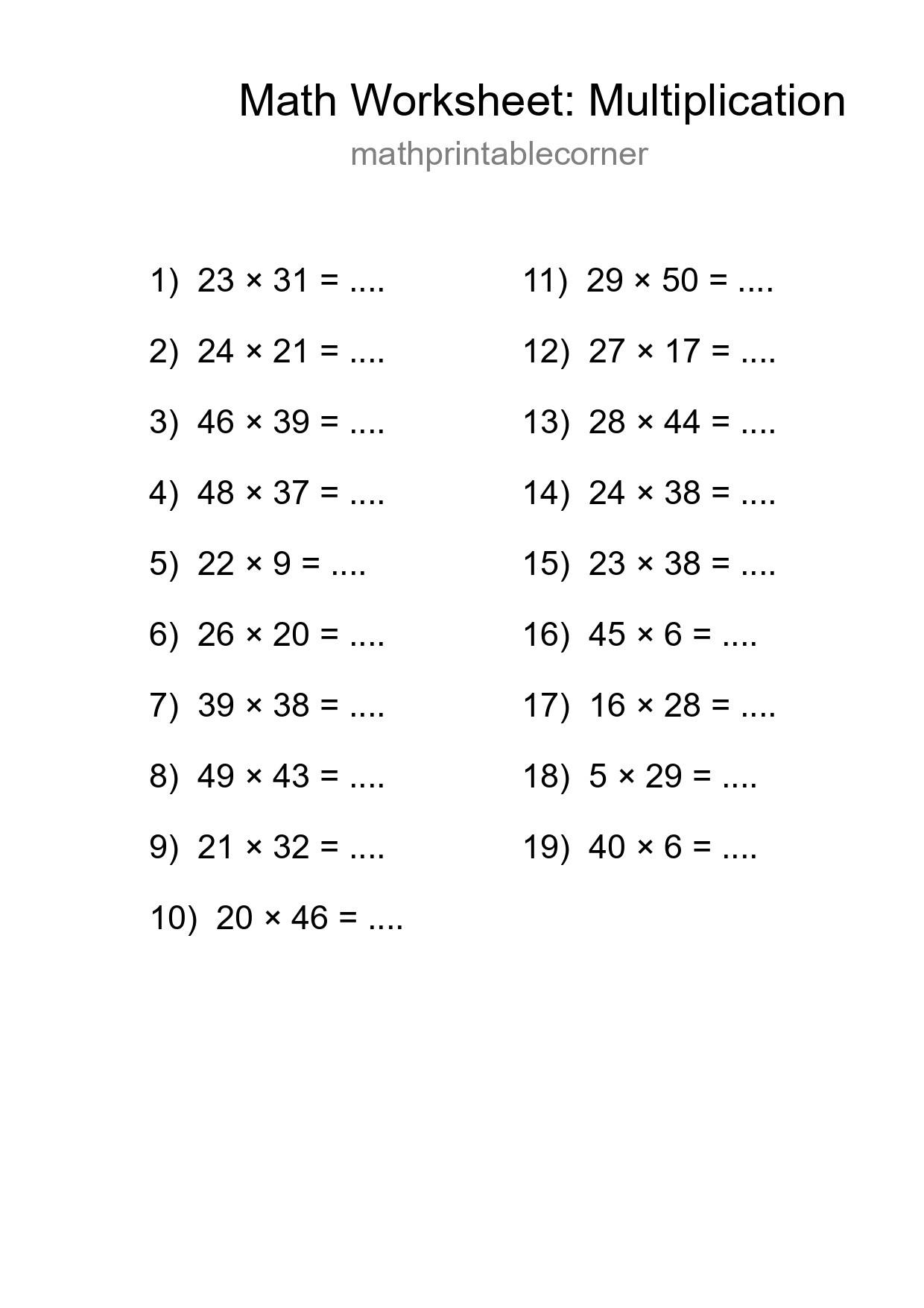 Printable Free 19 Multiplication Math Worksheet For Grade 2 - Part 260