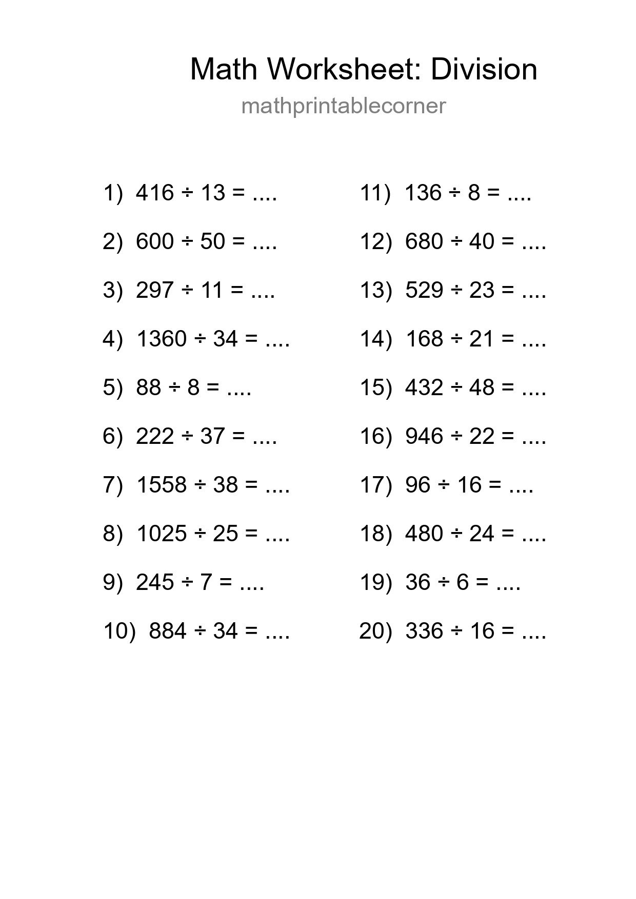 Printable Free 20 Division Math Worksheet For Grade 2 - Part 147