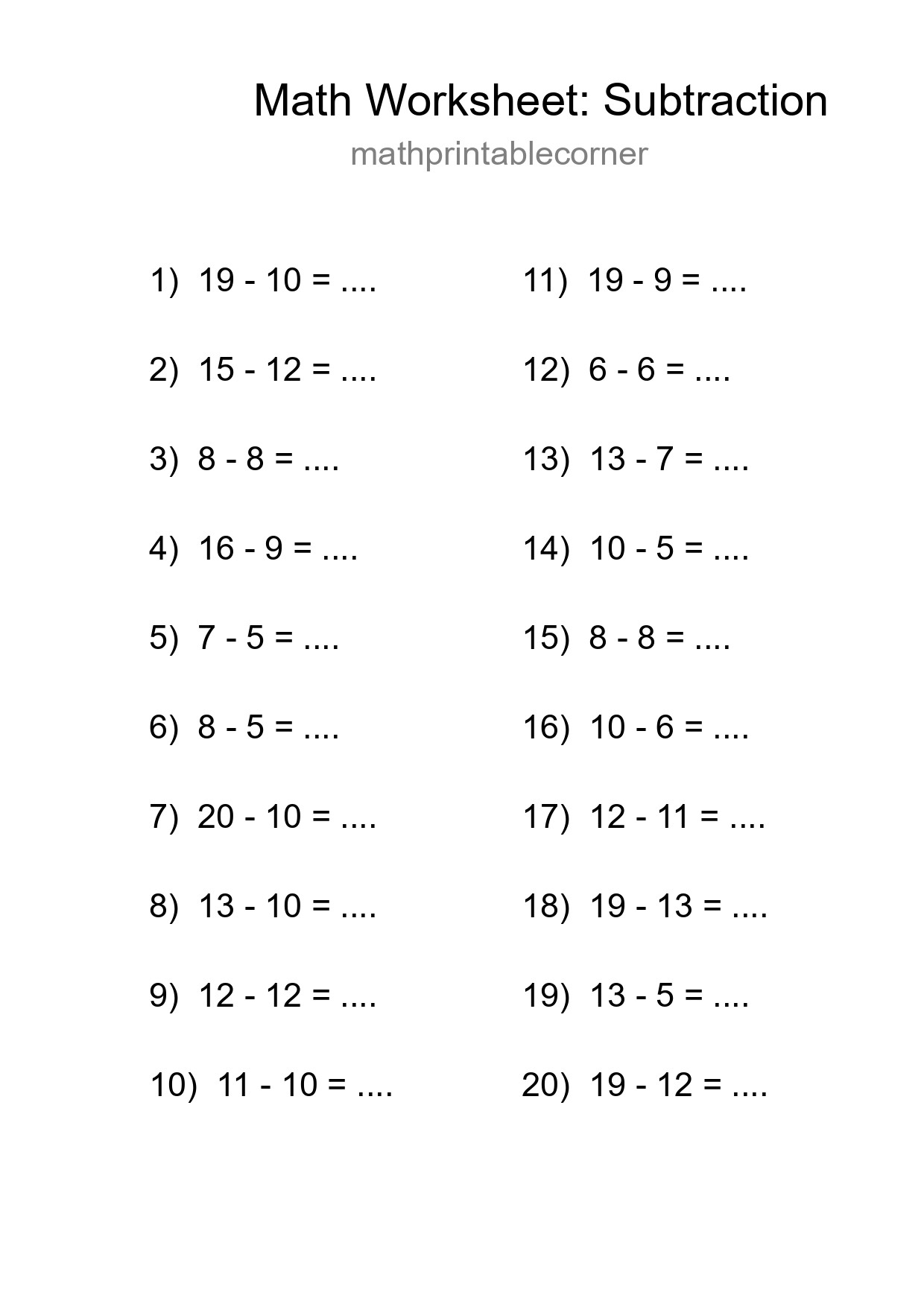 Printable Free 20 Subtraction Math Worksheet For Grade 2 - Part 195