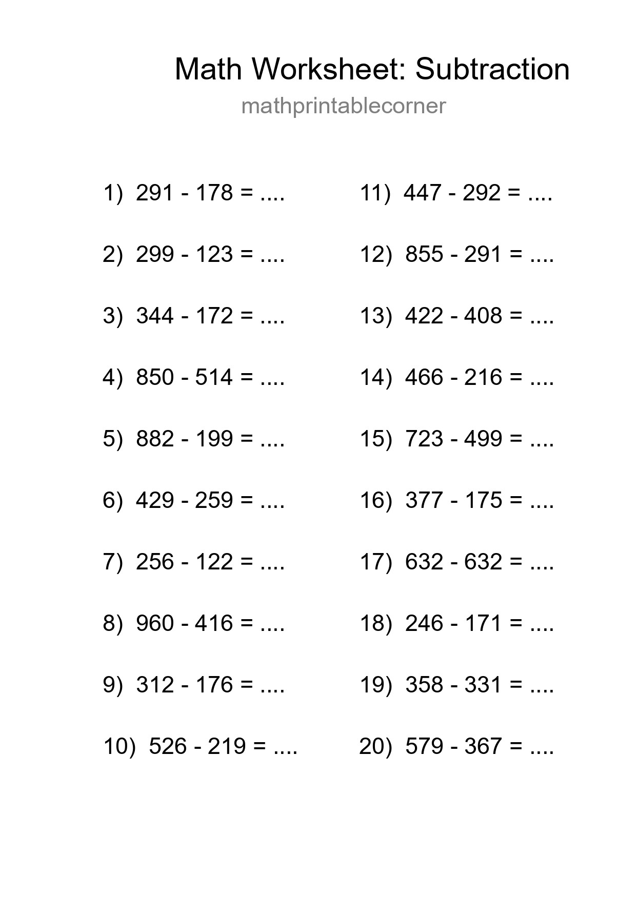 Printable Free 20 Subtraction Math Worksheet For Grade 5 - Part 206