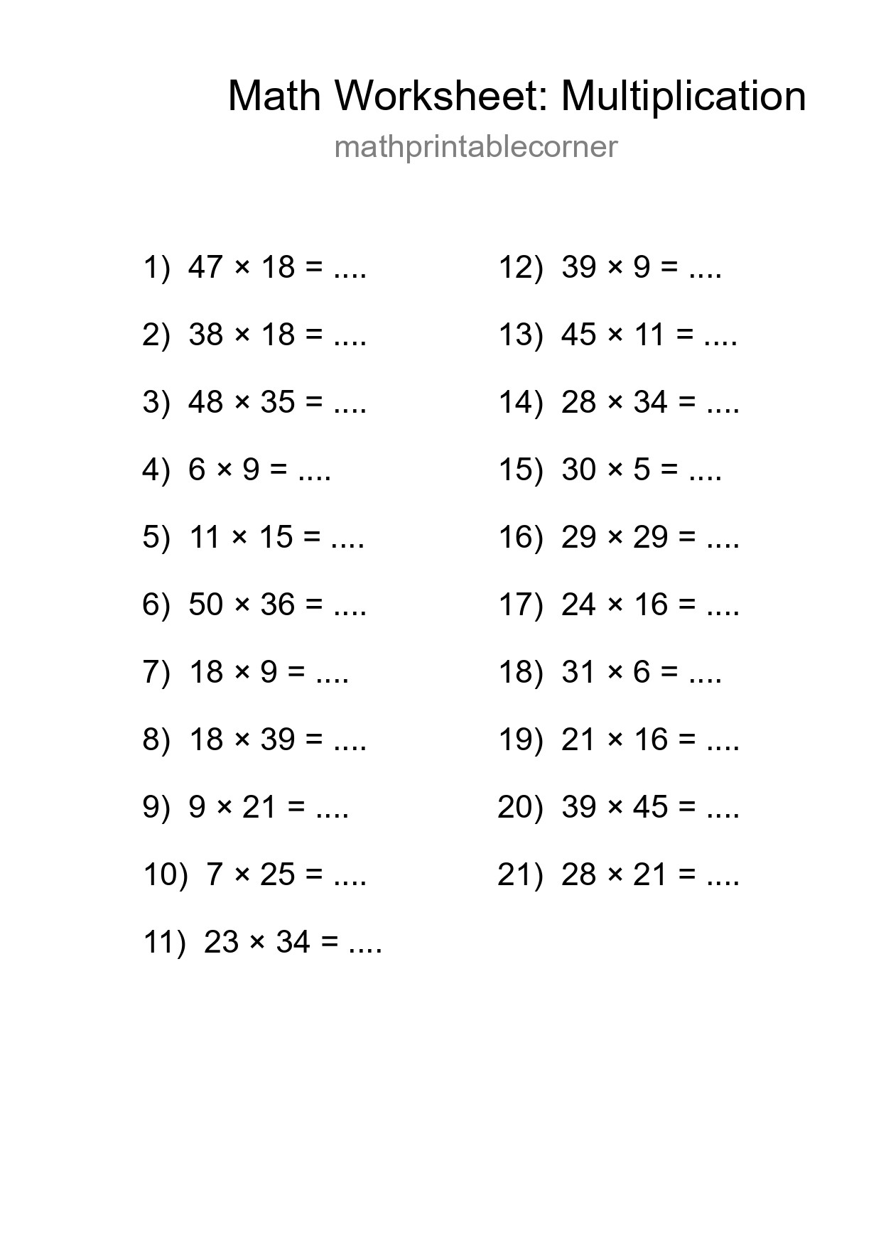 Printable Free 21 Multiplication Math Worksheet For Grade 2 - Part 150