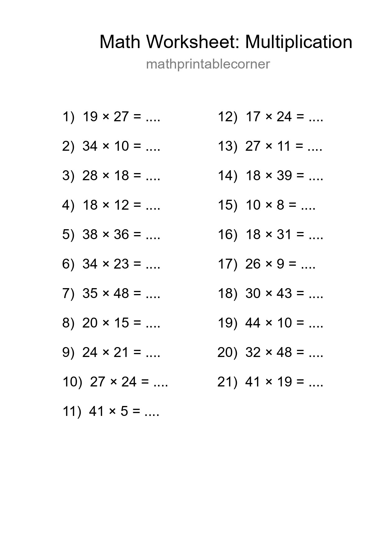 Printable Free 21 Multiplication Math Worksheet For Grade 2 - Part 73