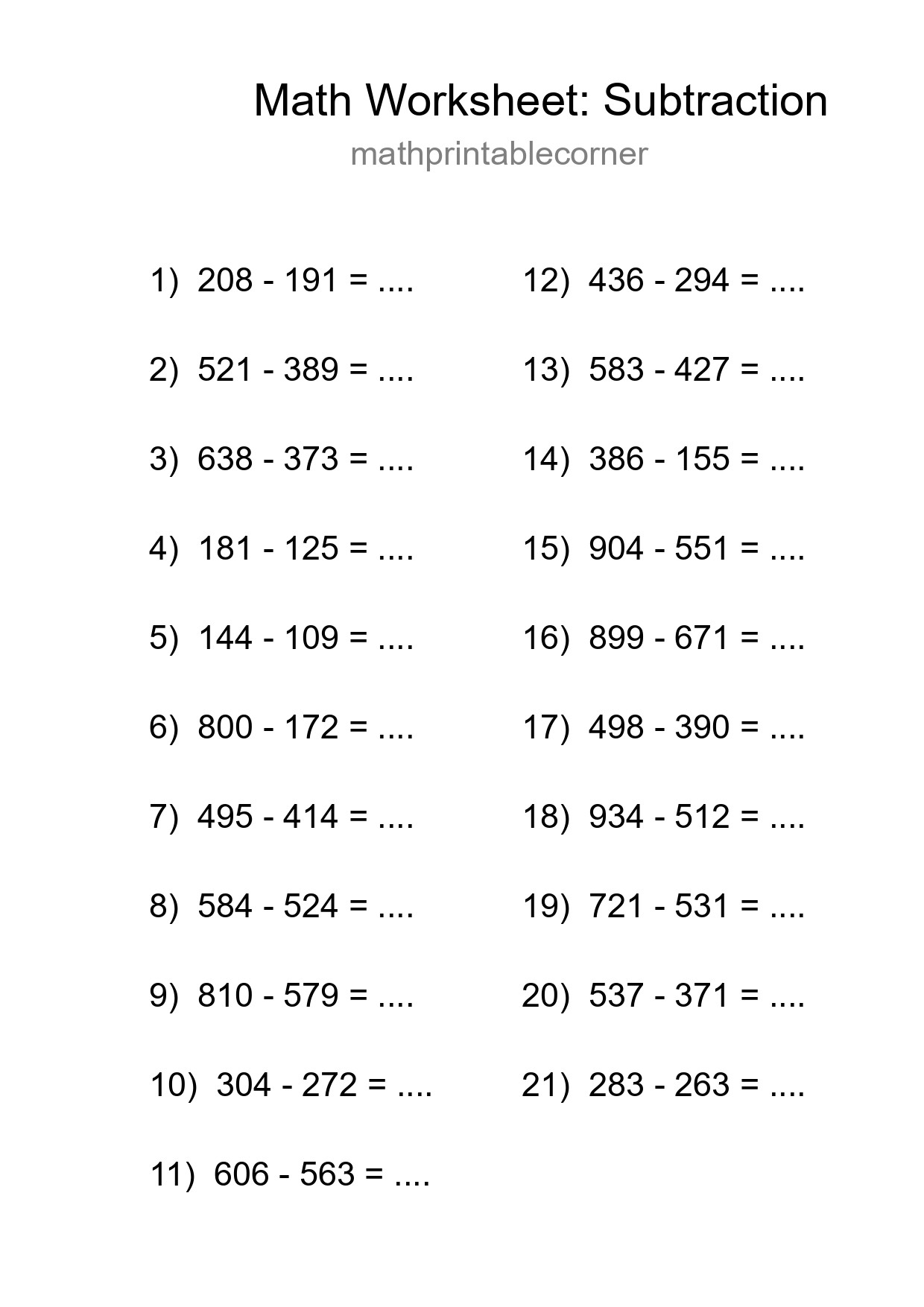 Printable Free 21 Subtraction Math Worksheet For Grade 5 - Part 107
