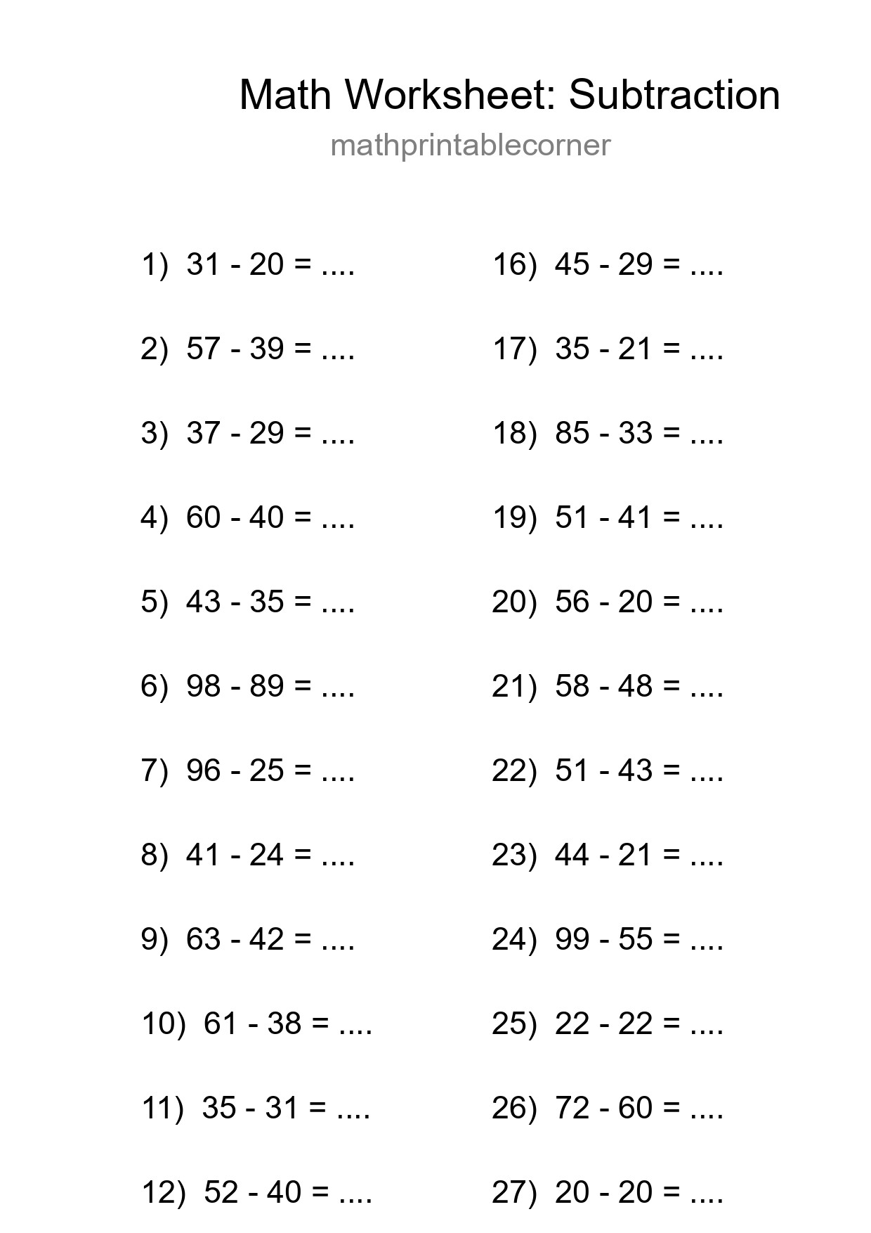 Printable Free 30 Subtraction Math Worksheet For Grade 3 - Part 173